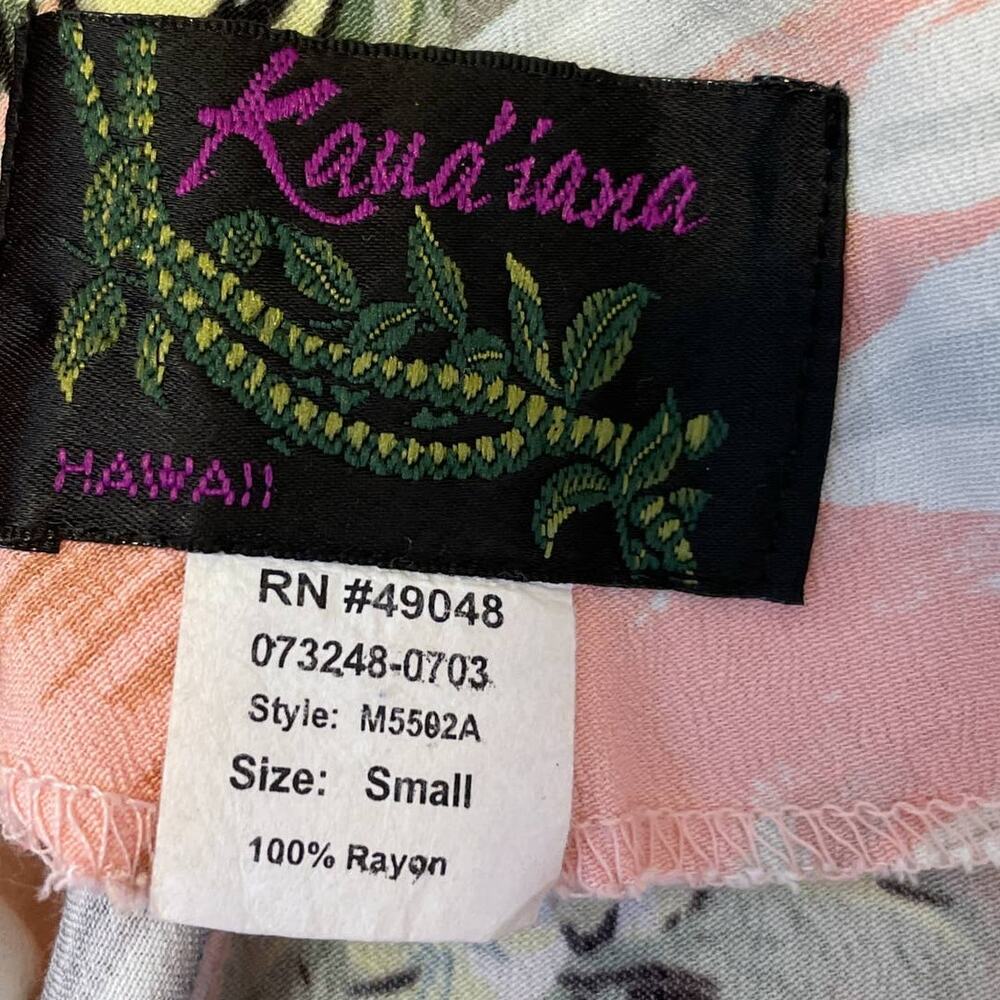 Vintage Kauaiana Palm Print Trumpet Style Maxi Dress Pink Gray White Small - Picture 4 of 13